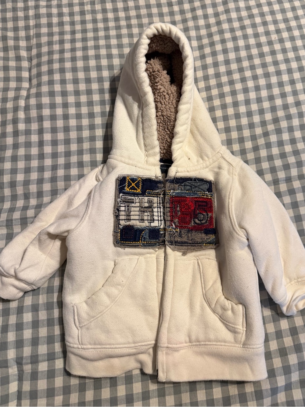 Tommy Hilfiger Cream Hooded Sherpa-Lined baby Jacket with Patch Details